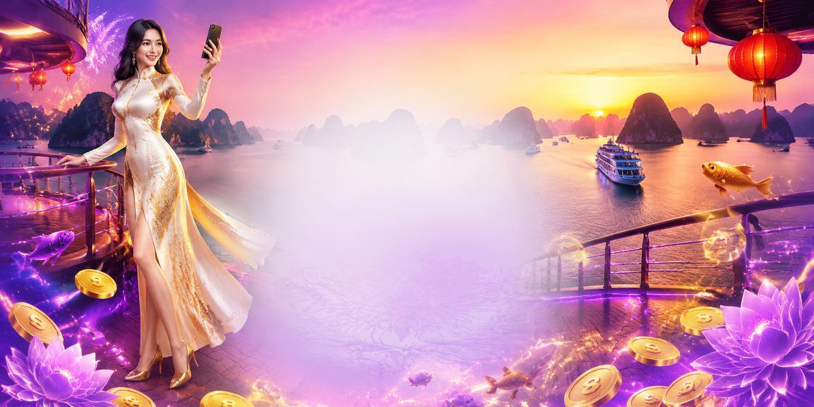 Người dùng chơi casino trực tuyến trên di động với phông nền vịnh Hạ Long lung linh ánh đèn neon