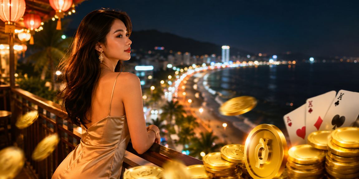 Không khí game bài sôi động tại chợ đêm Phan Thiết với ánh đèn lung linh và người chơi quây quần